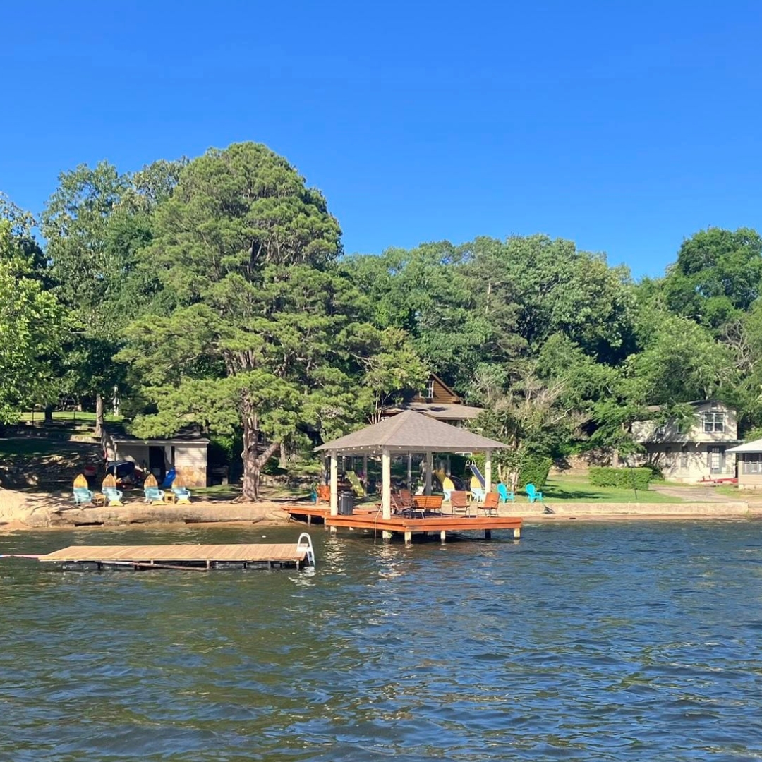 Newly built dock and lakeside gazebo at Knollwood Lodge Lakefront cabin rentals on Lake Hamilton
