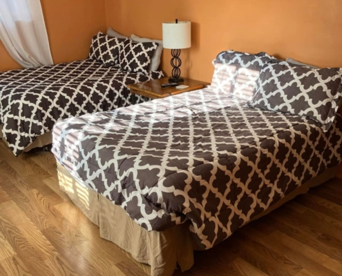 Spacious bedroom with two full-size beds in Hot Springs family cabin rental