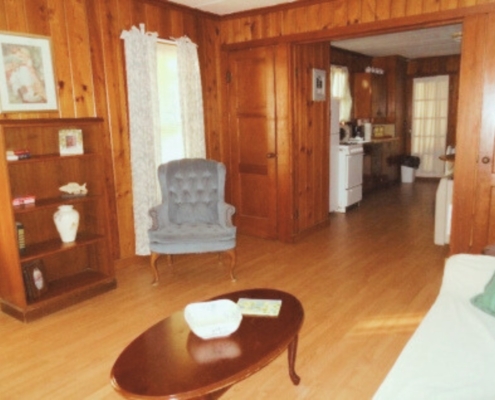 Lower level living room in The Duplex cabin rental with cozy furniture and lodge-style décor