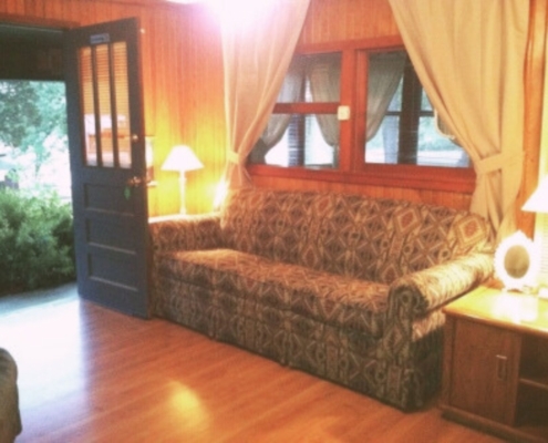 Comfortable couch in Cabin 2 living room – Knollwood Lodge lakefront cabin Hot Springs