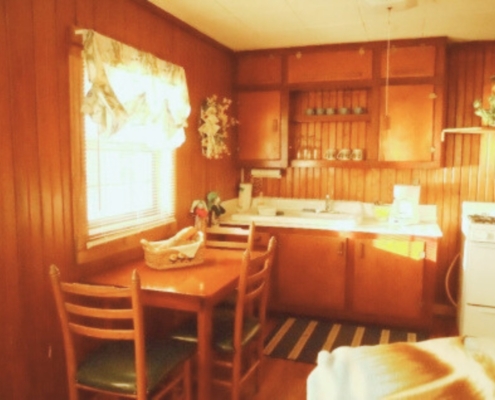 Fully equipped kitchen inside The Love Shack cabin rental at Knollwood Lodge