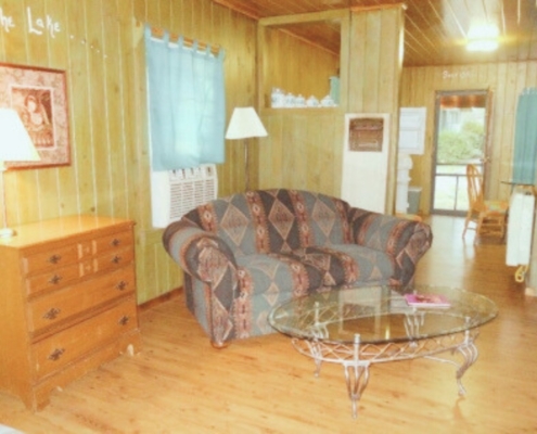Cozy living area on the upper level of The Duplex cabin rental with seating and knotty pine walls