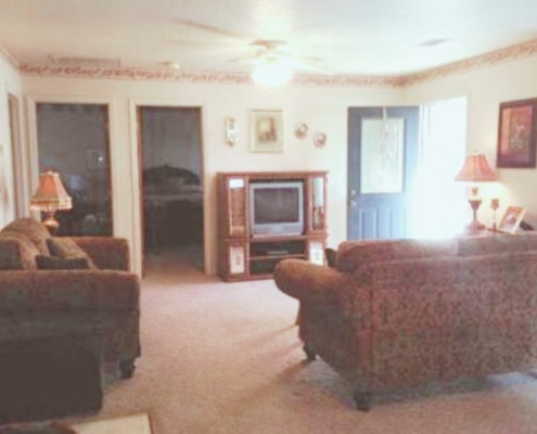 Living room view focusing on the TV and entertainment center.